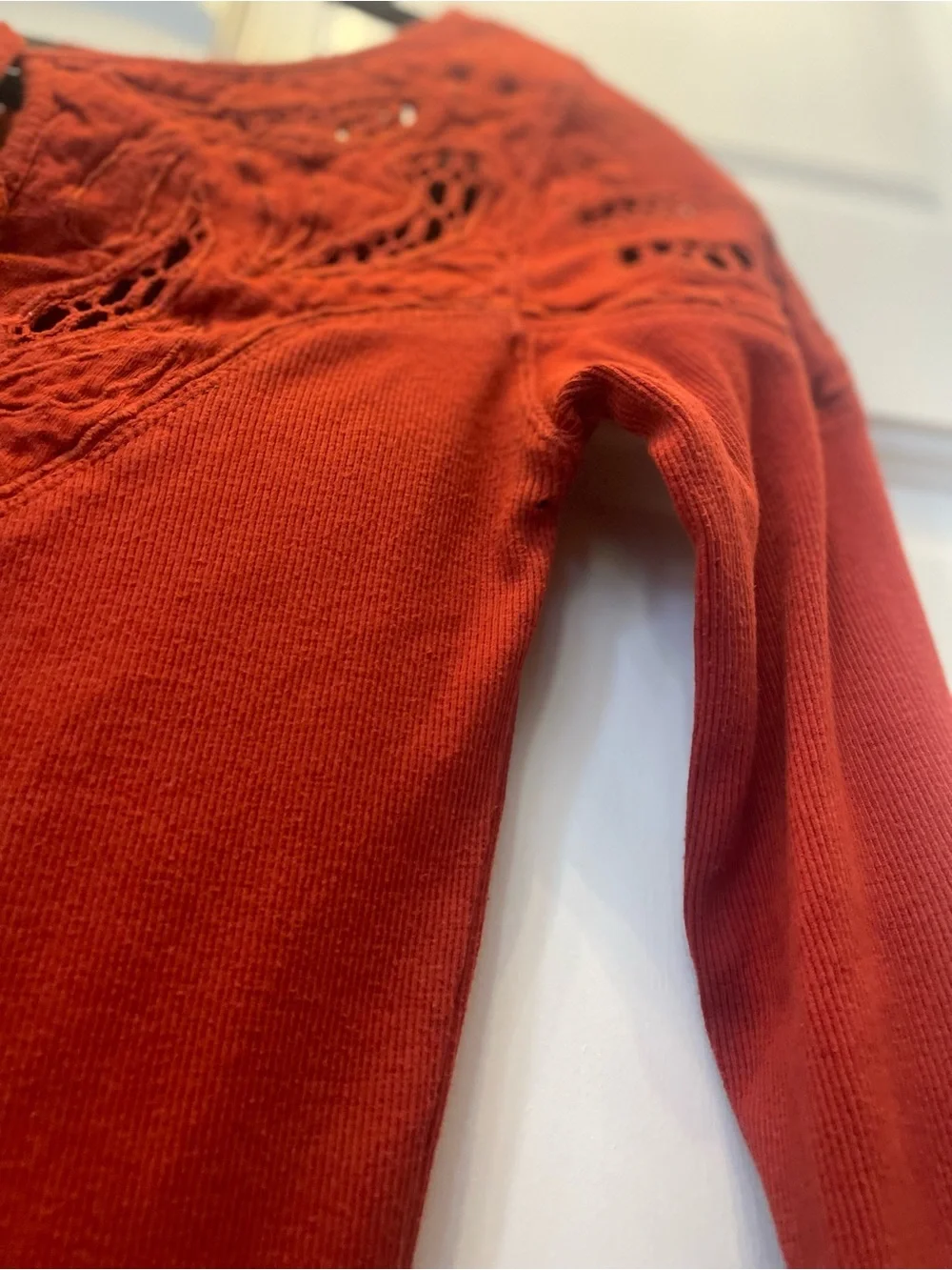 Free People Burnt Orange Long Sleeve Lace-Detail Ribbed Cotton Knit Keyhole Top
